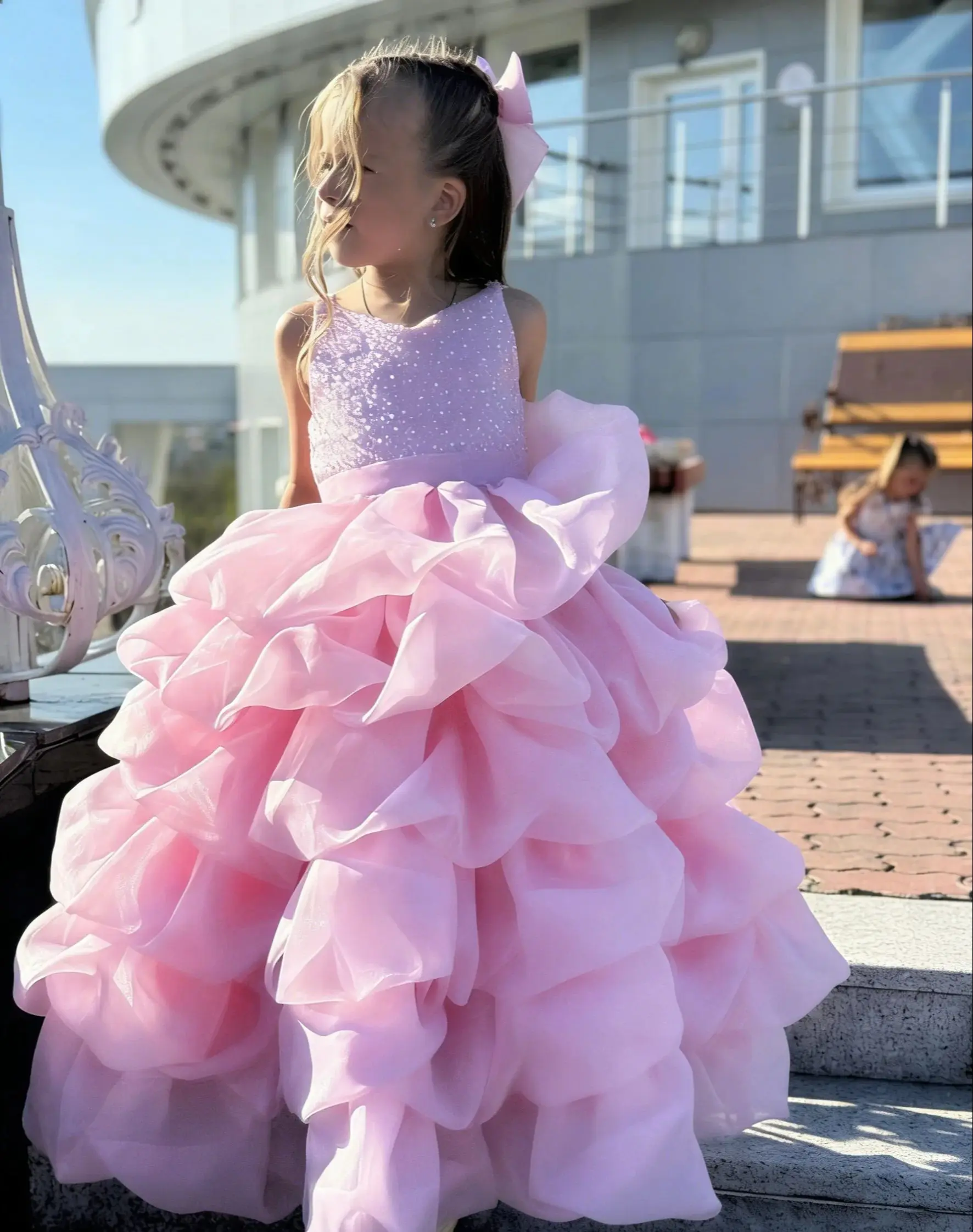 Custom Flower Girl Dress, Sequin Sleeveless Fluffy Multi-Layer, Wedding, Birthday Party, First Communion Dress