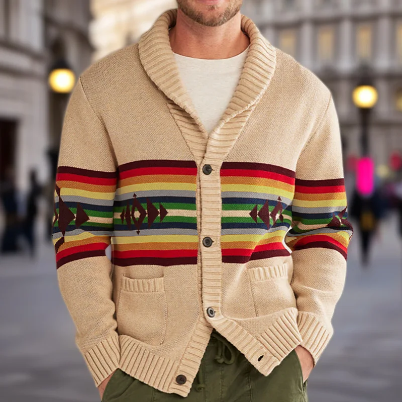 

European and American men's autumn and winter new striped jacquard cardigan sweater lapel thick wool coat