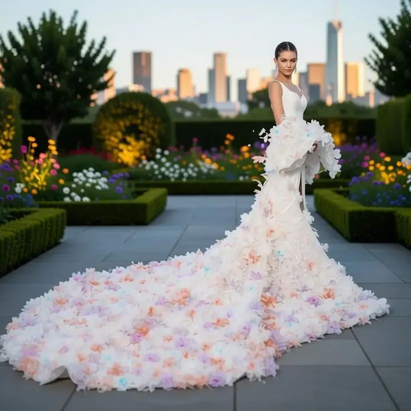 

Elegant Mermaid Wedding Gown with Hand‑Crafted 3D Floral Applique Ivory Chiffon V‑Neck Backless Design Floor‑Length Lace Deta