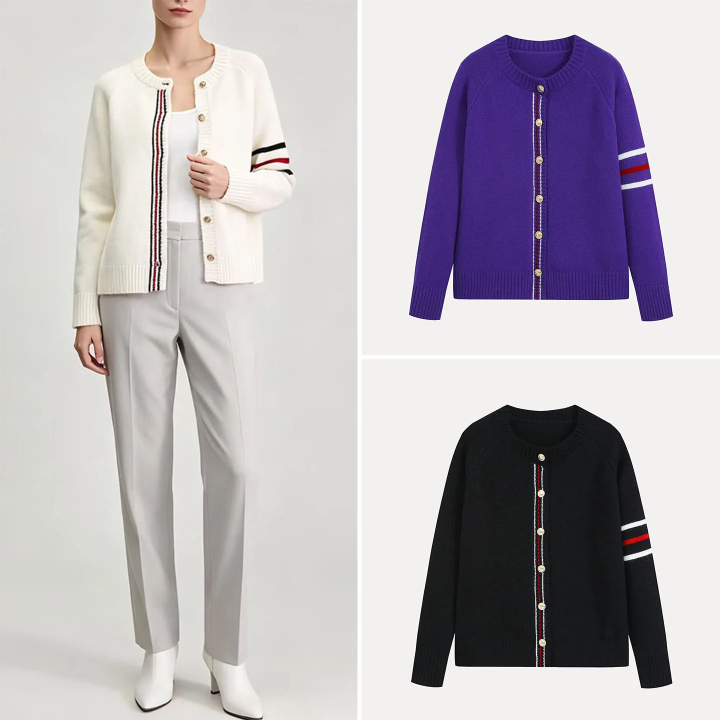 Women's Knitted Button-Up Long Sleeve round Neck Multi-Color Striped Open Cardigan Autumn Fashion Casual European Style ZADATA