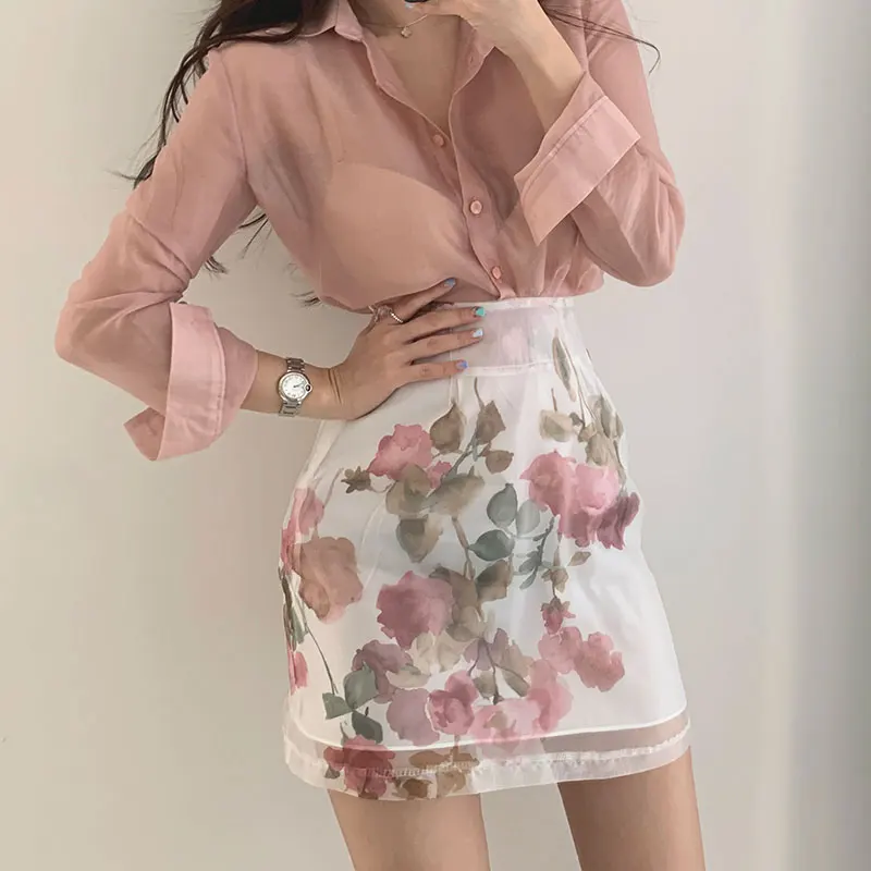 

Весенний шикарный комплект защиты от солнца и юбки с высокой талией и цветочным принтом, шифоновый тонкий дизайн, женский модный ансамбль