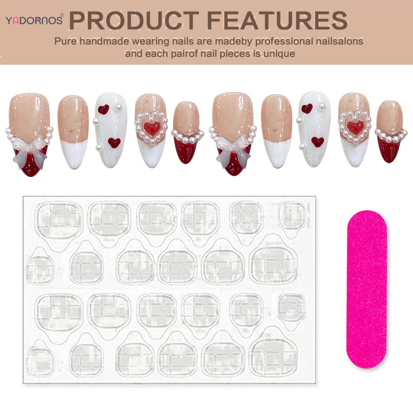 Unhas artesanais de imprensa rosa, estilo francês, unhas falsas de amêndoa com bowknot 3D, decoração de coração amor pérola, manicure de capa completa