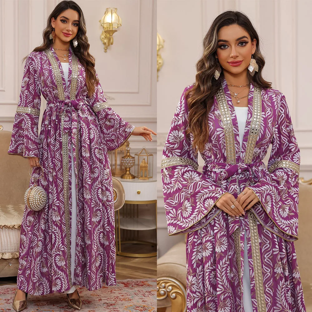 

2pcs Set Women Floral Embroidery Open Outer Dress with Belt Sequins Abaya Bottom Underskirt Party Wedding Jalabiya Muslim Kaftan