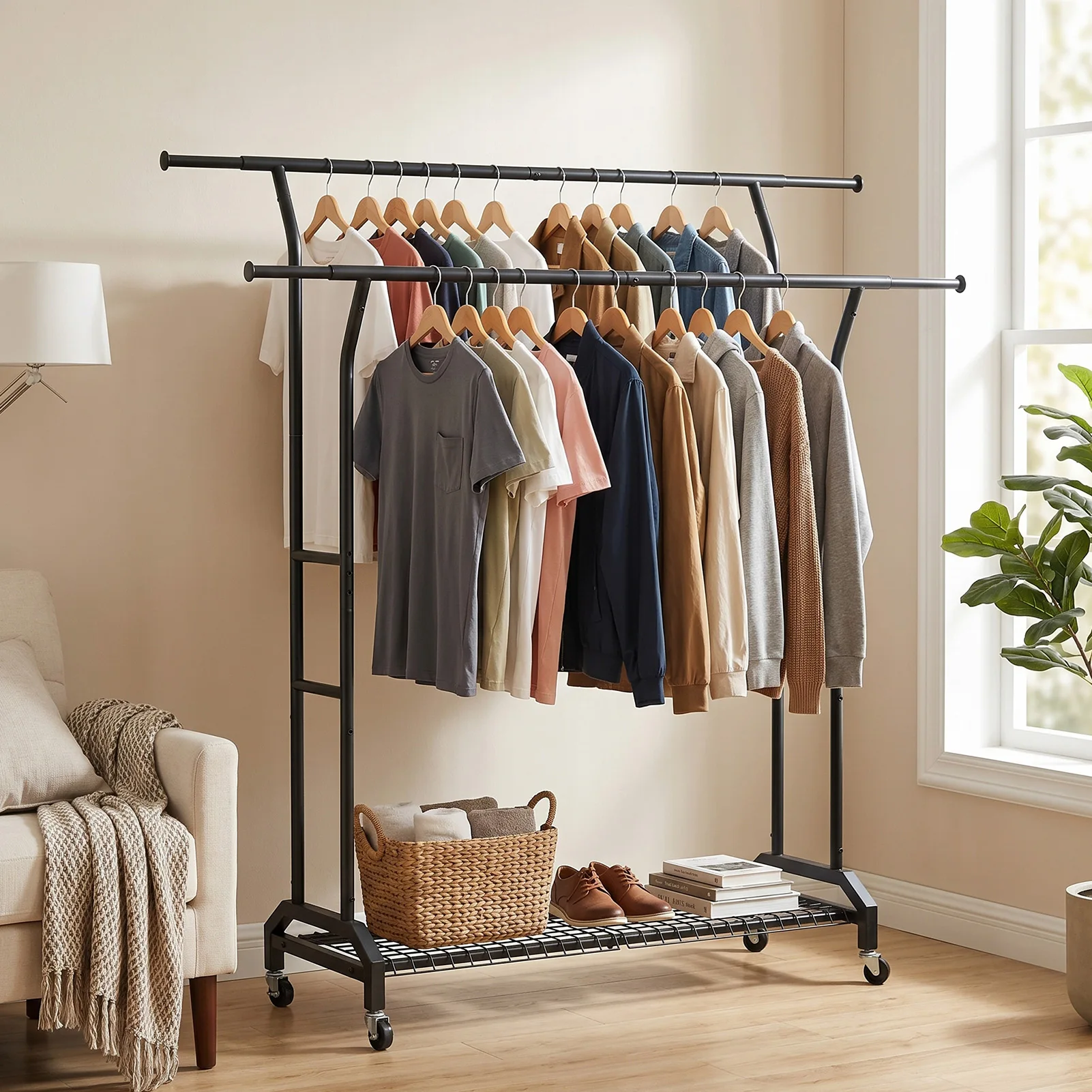 Garment Rack Black Height Adjustable Heavy Duty Metal Clothes Rack with Double Extendable Rods Wheels Mesh Shelf for Bedroom