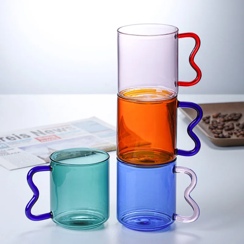 Colored Glass Cup with Wave Handle Coffee Breakfast Cup  Large Capacity Milk Cup Microwaveable  Cross-border