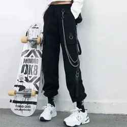 Pantaloni cargo neri a vita alta da donna, pantaloni harem larghi, tasche grandi punk, pantaloni jogger con catena, streetwear hip hop,