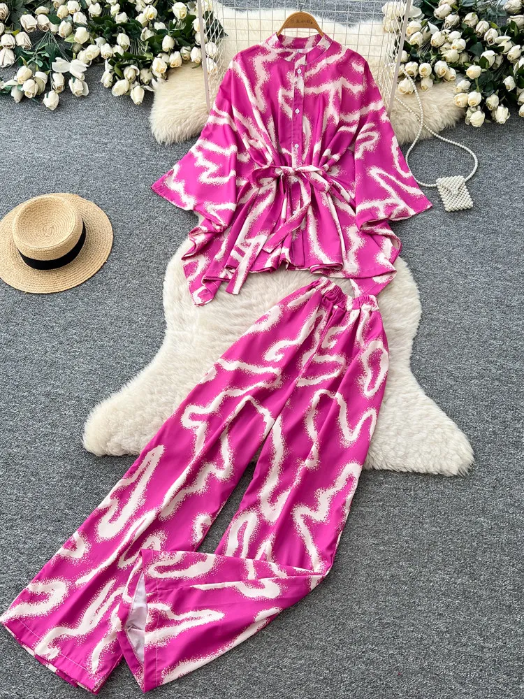 

French style romantic printed two-piece set women's 2026 spring new waist cinching lace-up round neck shirt wide leg pants