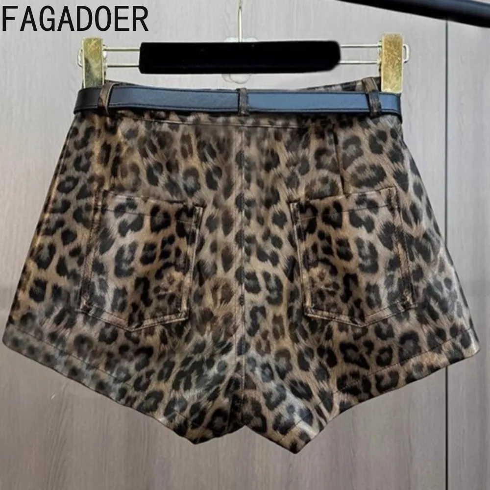 FAGADOER Sexy Leopard Print Leather Shorts Women Brown High Waist Pocket Skinny Belt Shorts American Retro Hot Girl Streetwear