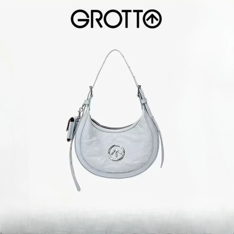 

GROTTO 2025 Vegetable-Tanned Leather Wrinkled Luna Hobo Bag Classic Commuter Shoulder Bag Crossbody Underarm Bag