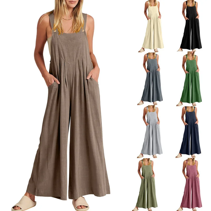 Women's Solid Color Loose Casual Cotton and Linen Overalls