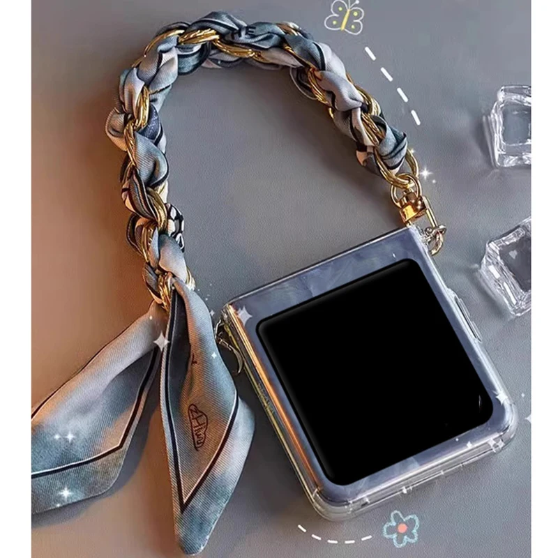 

Чехол для Infinix Zero Flip Tecno Phantom V Flip 2, элегантный шелковый шарф, ручная цепочка, прозрачный чехол для мобильного телефона из ПК