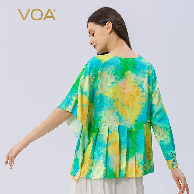 VOA Bohemian Hand-Painted Print Straight Silk Woman Tshirts O-Neck Asymmetry Batwing Long Sleeve Harajuku Tops Autumn Chic BE851