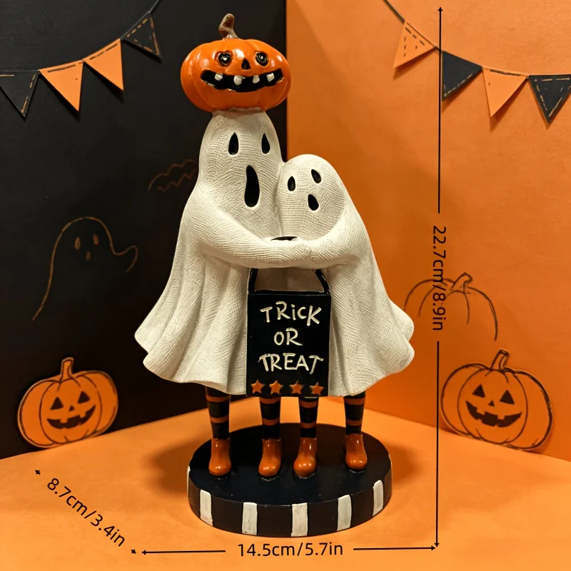 Halloween Ghost Couple Figurine Pumpkin Head Resin Statue Trick Or Treat Sign Tabletop Ornament Home Party Decoration Gift