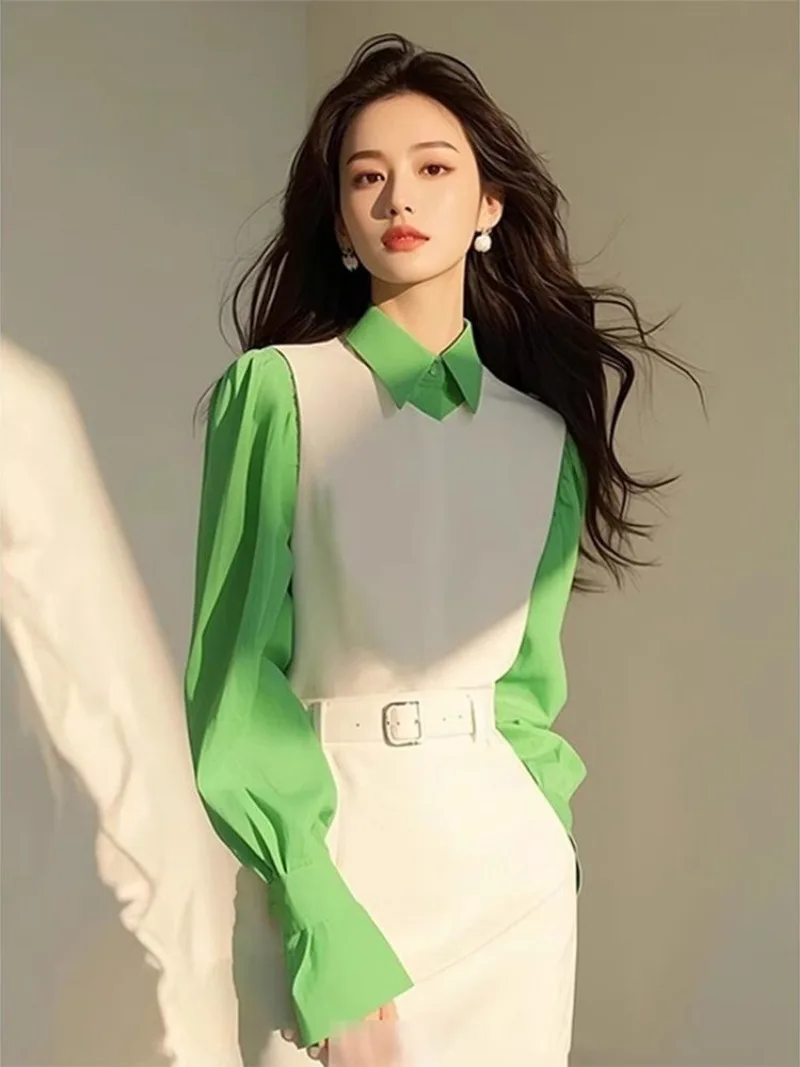 

New Elegant Office Lady Women's Two Piece Set High End Slim Long Sleeve Green Shirt + elegant Sleeveless Vest Dress Suit