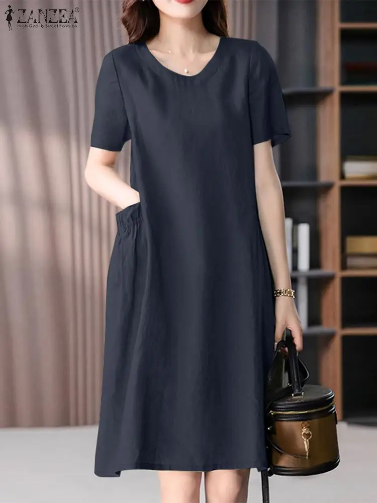 Summer Fashion Short Sleeve Solid Dress ZANZEA Women Casual Baggy Vestidos O Neck Knee Length Robe Femme Work Party Sundress