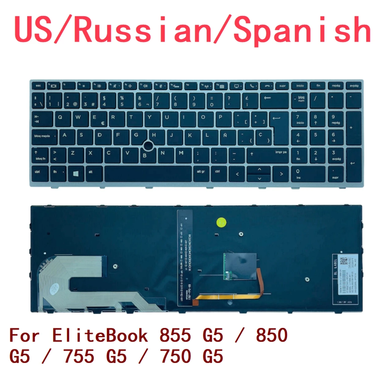 New US Russian Spanish Laptop Backlit Keyboard For HP EliteBook 855 G5 / 850 G5 / 755 G5 / 750 G5 Notebook PC Replacement