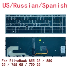 New US Russian Spanish Laptop Backlit Keyboard For HP EliteBook 855 G5 / 850 G5 / 755 G5 / 750 G5 Notebook PC Replacement