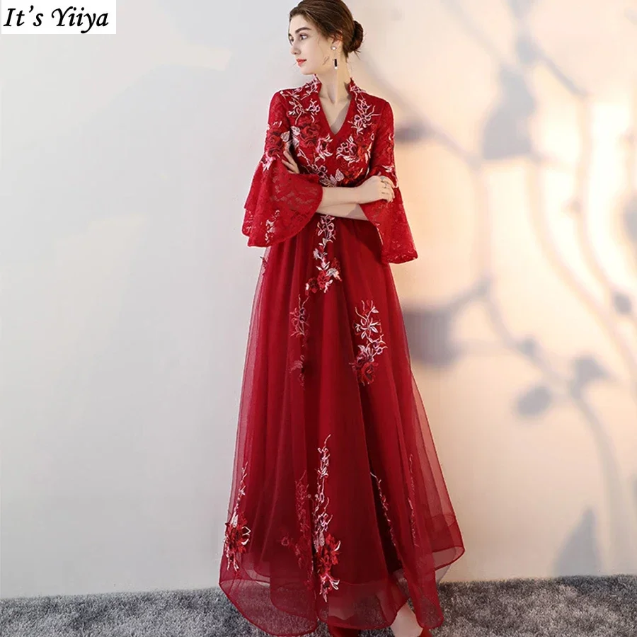 

It's Yiiya Evening Gowns Burgundy Floral V-Neck A-line Floor Length Robe De Soiree Plus size Women Party Formal Dresses LX330