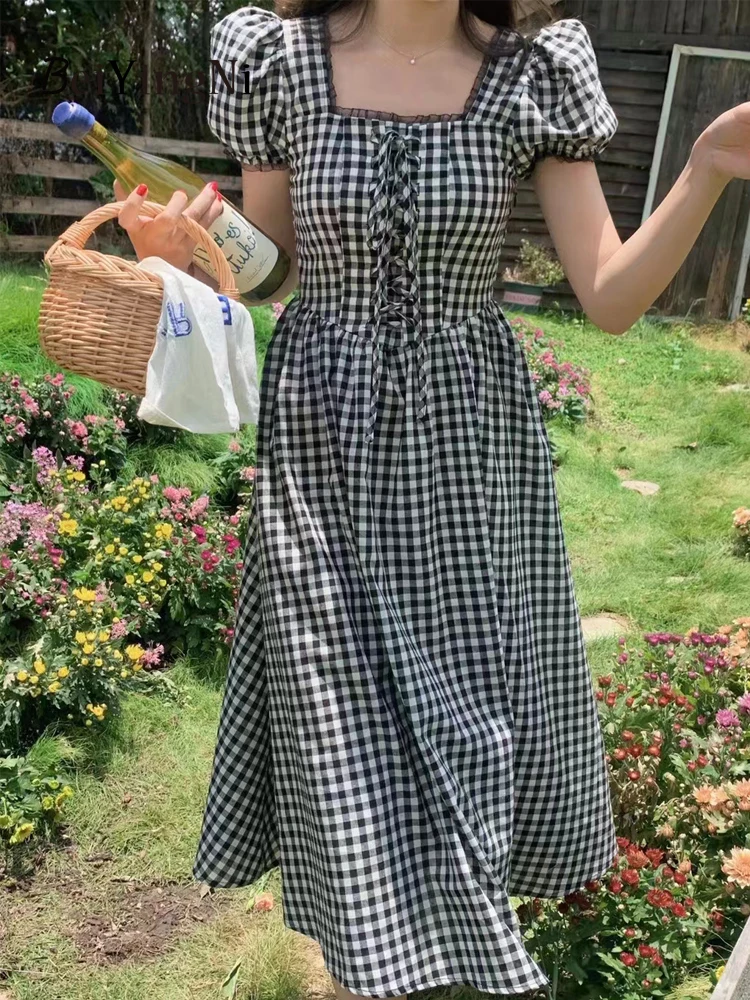 Beiyingni Women Vintage Plaid Midi Dresses Lace Patchwork Casual Korean High Waist A-line Dress Girls Slim Waist Vestidos Robes