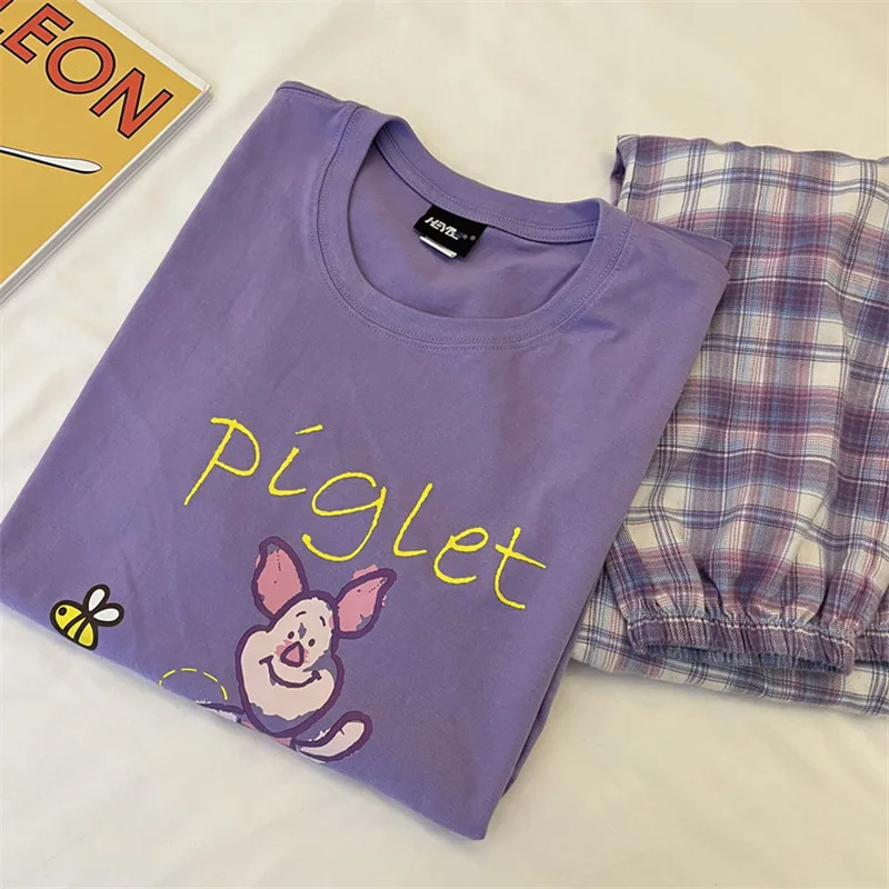 Piyama motif kartun, 2 potong untuk wanita, musim semi dan musim panas, celana panjang lengan pendek, pullover tipis, setelan piyama kartun kasual