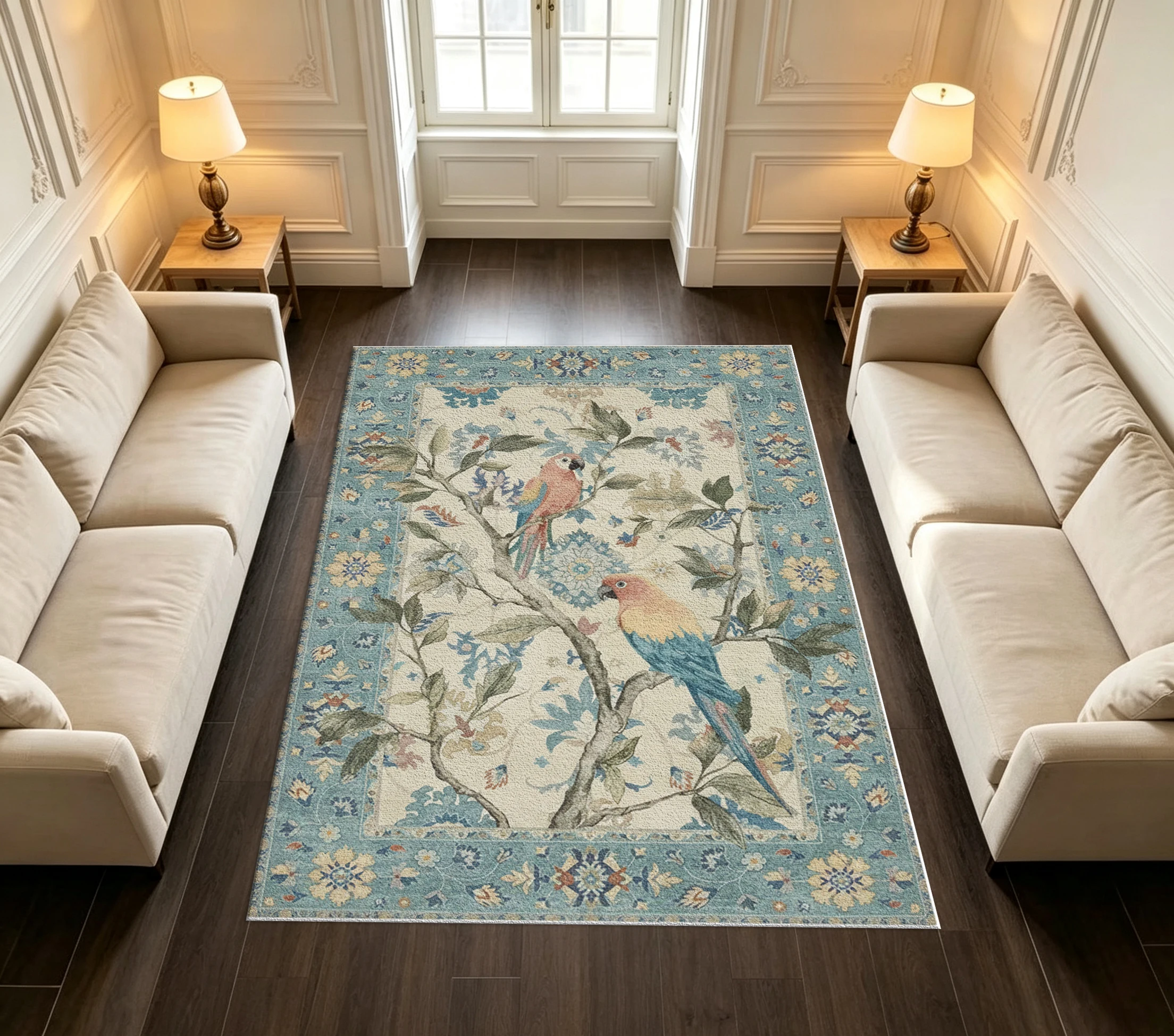 Vintage Parrot Bird Floral Branch Ornate Border Traditional Home Area Rug