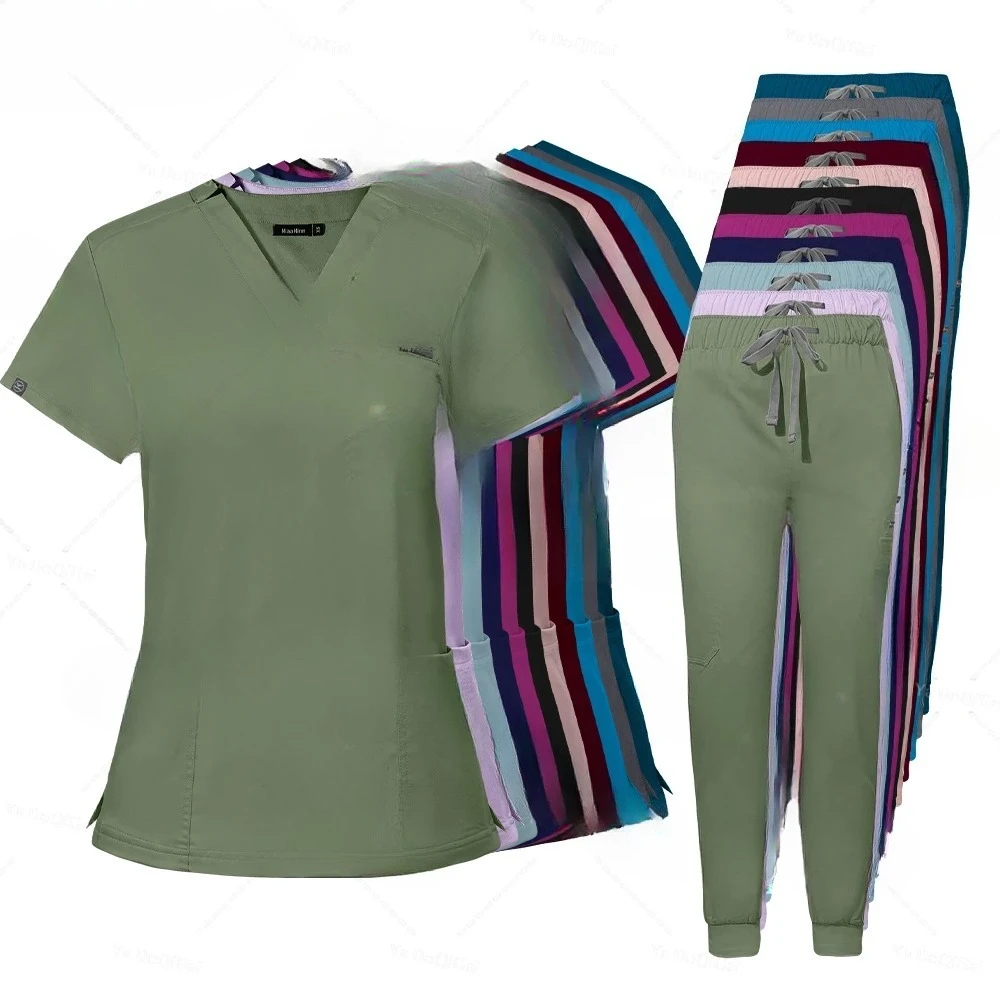 

Скрабы, униформа, костюм с короткими рукавами, топы с v-образным вырезом + брюки для бега, комплект униформы для кормления, женская многоцветная скраб для домашних животных, медицинская спецодежда