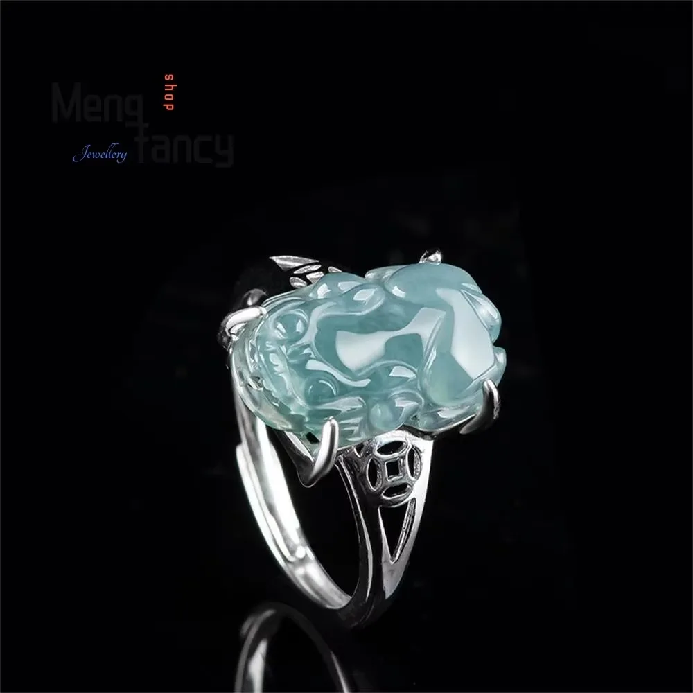 S925 Silver With Natural A-goods Jadeite Icy Blue Water Pixiu Adjustable Ring Men Women Couple Luxury Fashion Jewelry Souvenir