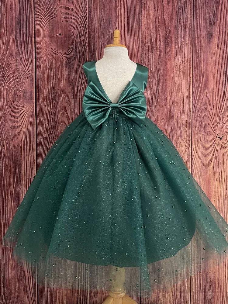 Flower Girl Dresses Green Satin Top Tulle Puffy Sequin With Pearls And Bow Sleeveless For Wedding Birthday Banquet Princess Gown