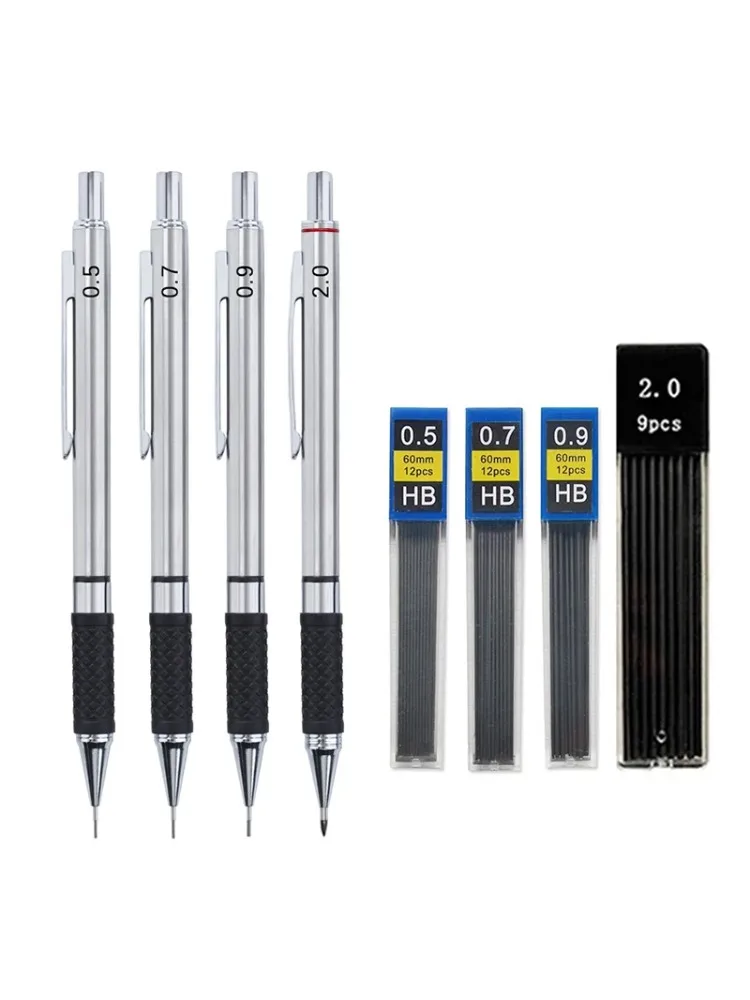 Metall-Druckbleistift-Set mit Griffstiften für Kunstzeichnungen, Schüler- und Bürobedarf, 0,5/0,7/0,9/2,0mm Automatischer Bleistift