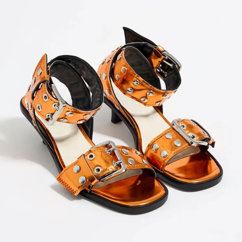 

Women's square head thick strap with exposed toe rivet decoration, sexy cat heel sandals with a back strap