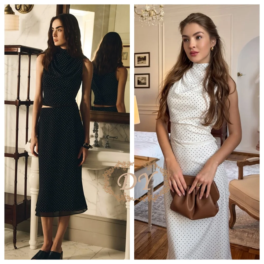 

DY Modern Dots Prom Party Dress 2PCS High Neck Top With Mid-Calf Length Mermaid Skirt Contrast Color Evening Gown Customized