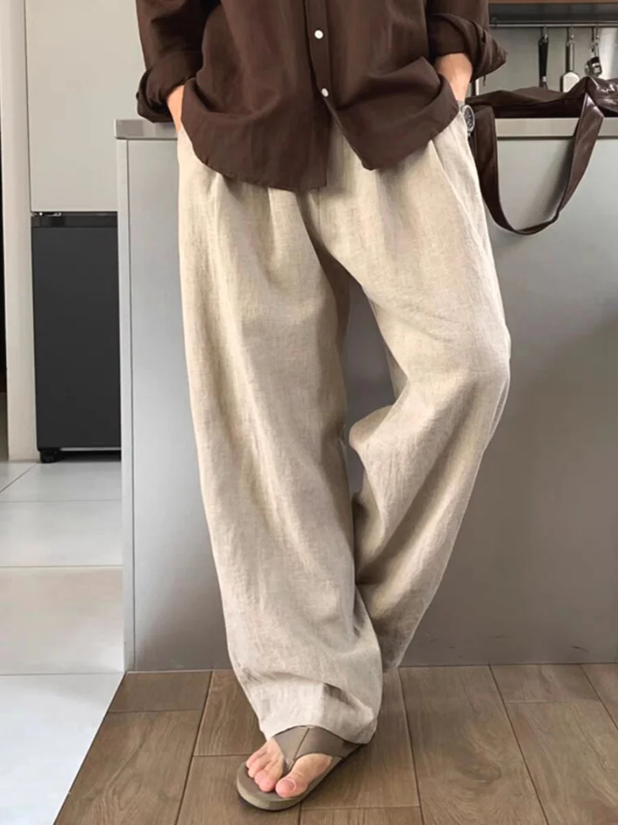 

Loose Cotton Linen Men's Pants Elastic Waist Straight Leg Floor-Length Trousers Youthful Sle Casual Pants All Seasons