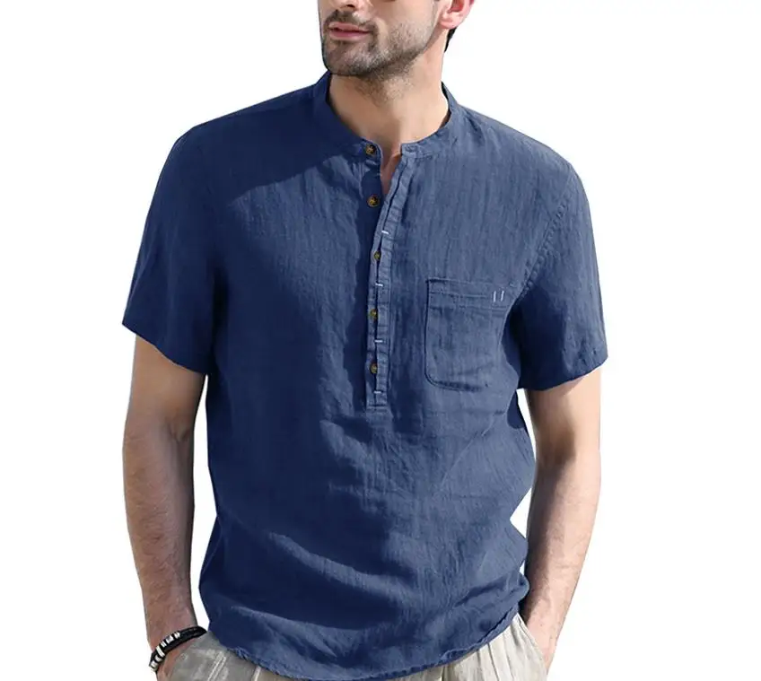 

Мужской ort Sve Cotton Linen irt Henry Collar Color Faion Urban Sle Loose Fit Button Detail Summer irt