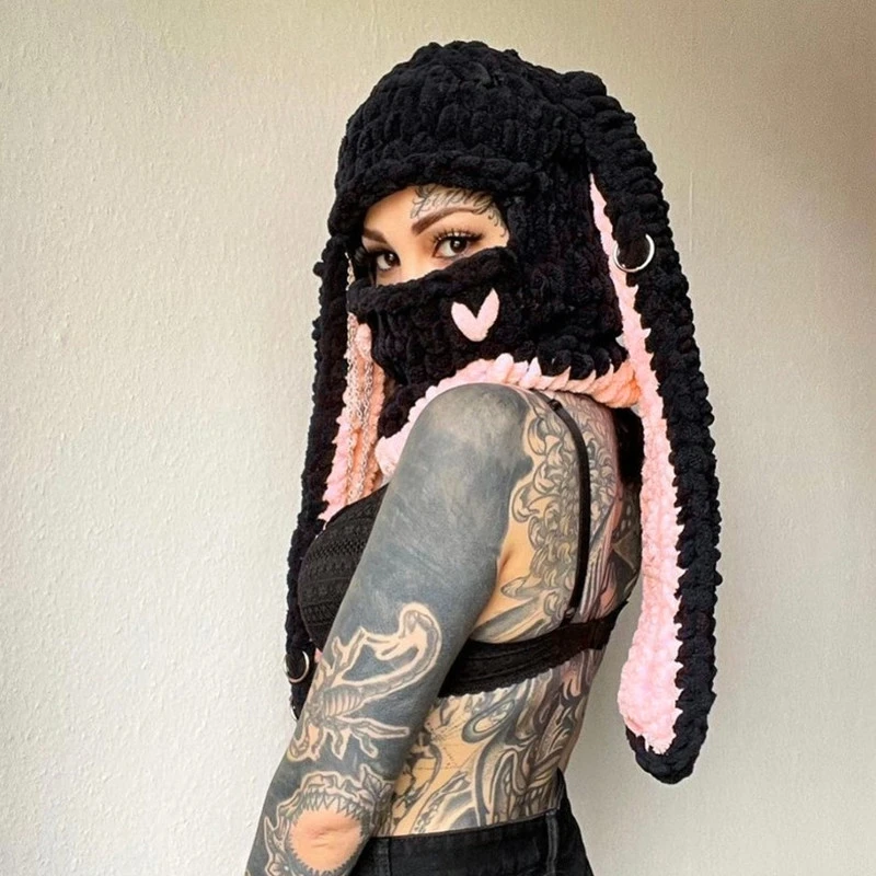 Fashion Womens Knit Full Face Ski Mask Crochet Balaclava Winter Warm Kawaii Cute Bunny Ears Knitted Balaclava Face Cover Mask