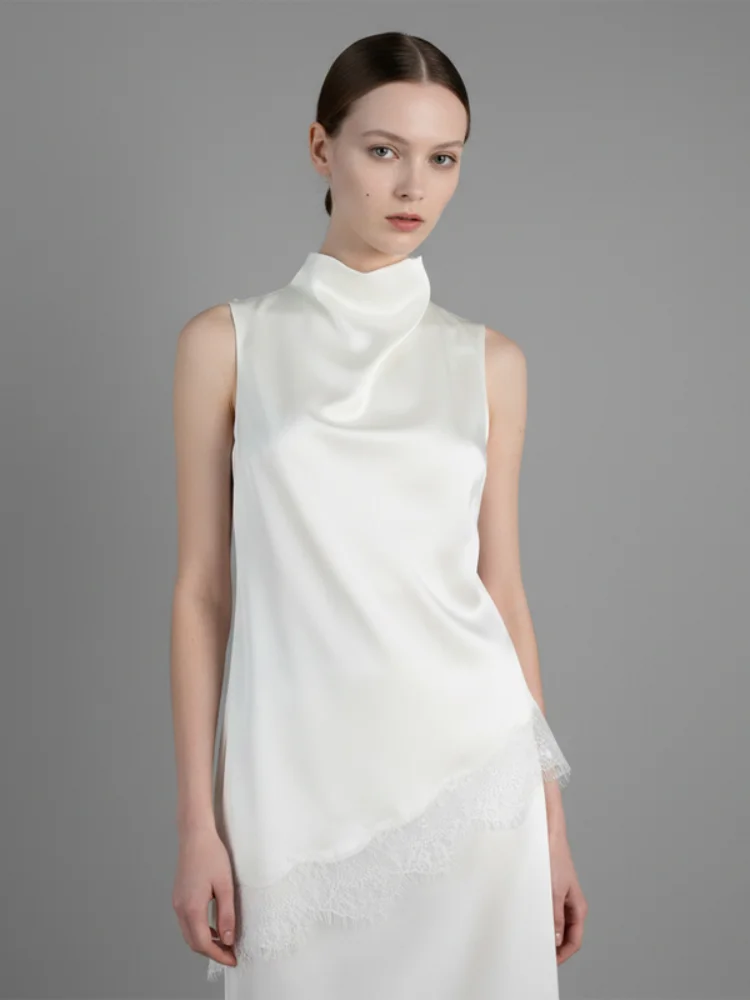 

Solid Women's Satin High Neck Vest Irregular Silhouette Delicate Lace Tanks Trim Sleeveless Top 2026 Casual Daily Summer Wears