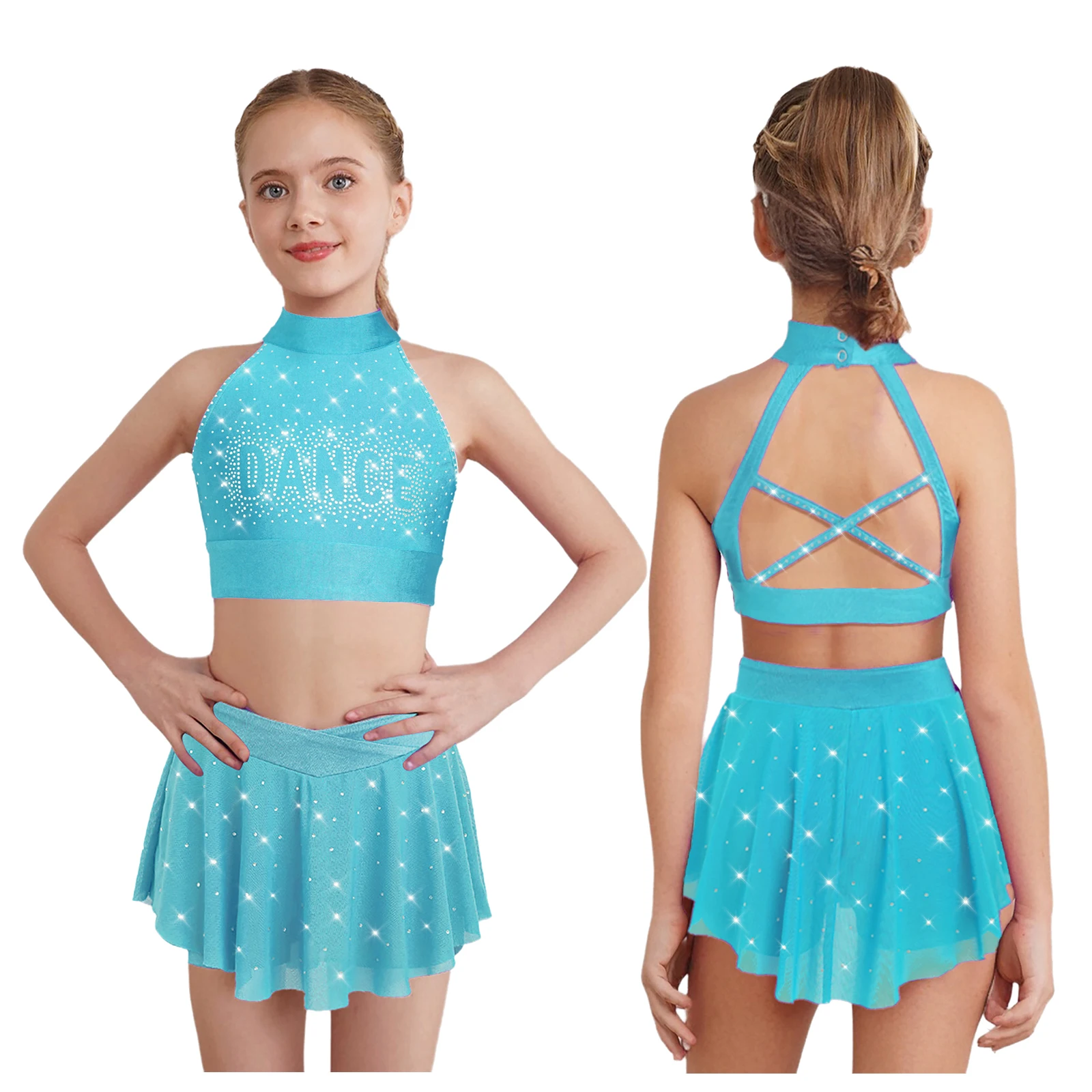 2Pcs Girls Cheerleading Dance Outfit Figure Skating Ballet Gymnastic Dancewear Sleeveless Tops+Skirts Rhinestone Dancer Costumes