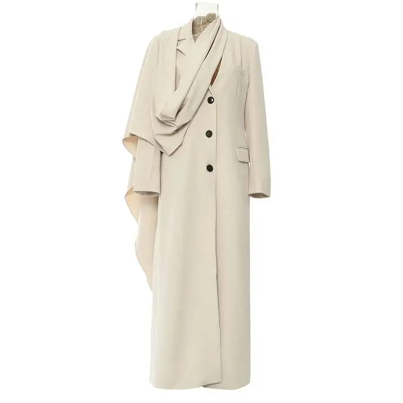 Fashion Long Irregular Cut Scraf Blazer Women's Lapel Loose Single Breasted Full Sleeves Apricot Suit Jacket New 6LHU