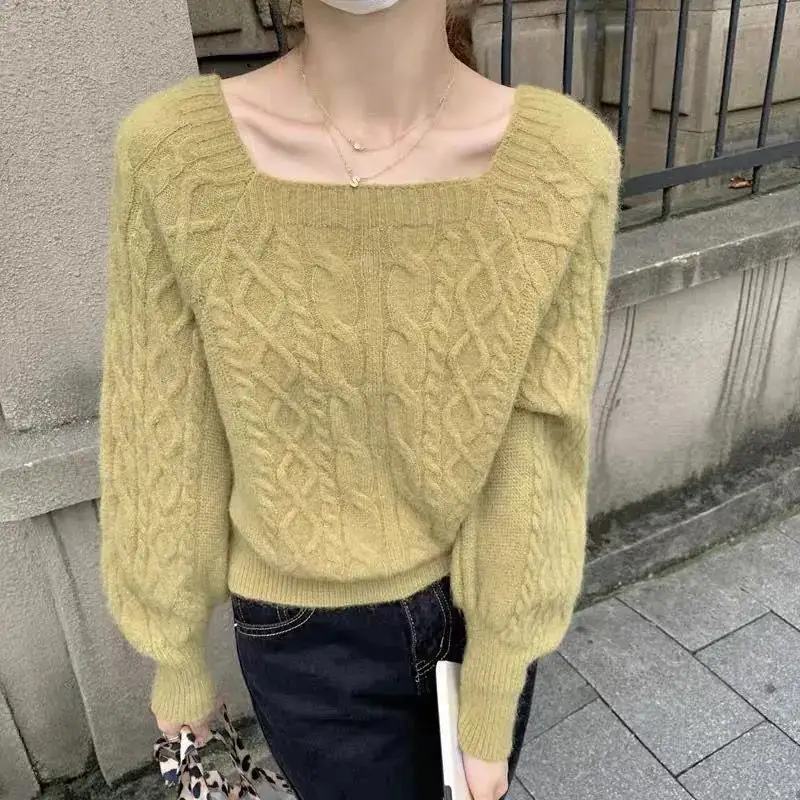 2023 Autumn and Winter Women's Fashion Elegant Square Neck Long Sleeve Solid Short Sweater Comfortable and Versatile Top