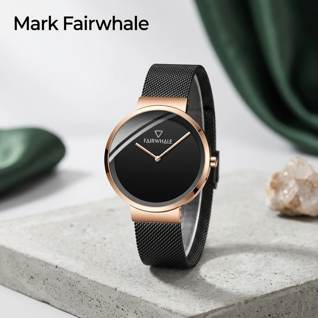 Mark Fairwhale Ladies Quartz Watch Round Minimalist Plain Dial Simple Index Mesh Metal Strap Elegant Female Wristwatch