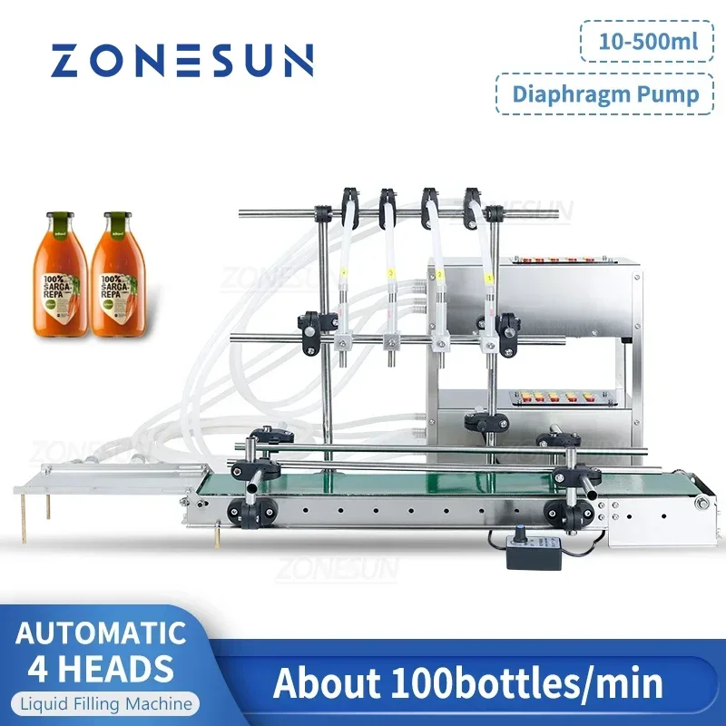 

ZONESUN Automatic 10-500ml Filling Machine Digital 4 Heads Diaphragm Pump Drink Milk Bottle Liquid Filler With Conveyor