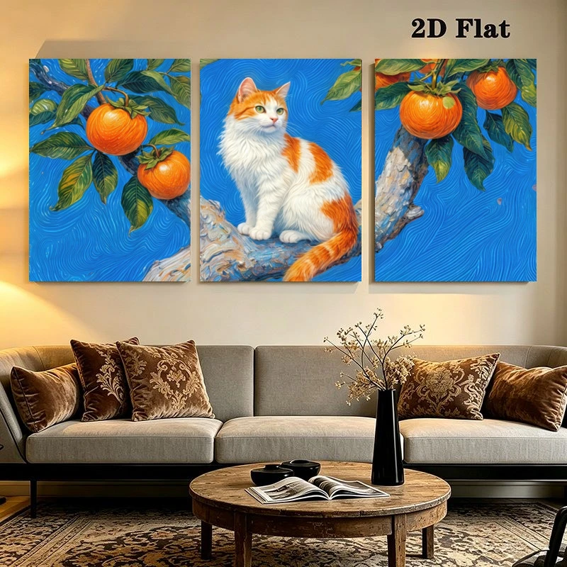 2D Flat, 2D Flat, 3pcs Modern Boho Cat Wall Art, Minimalist Orange White Cat Sitting on Branch with Hanging Citrus, Blue Wave