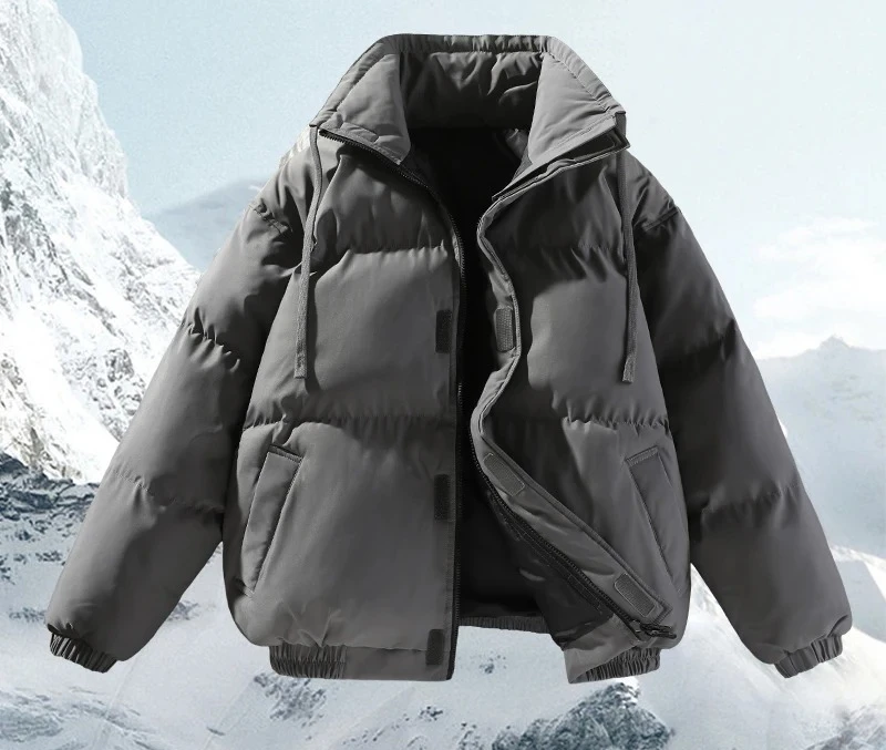 

Men's Winter Jacket Soft Stand Collar Long Sleeve Coat Solid Color Zipper Outerwear Thickened Warm Loose Leisure