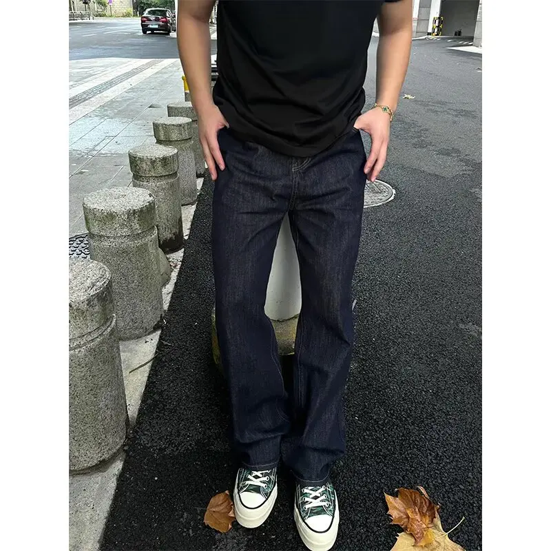 

Retro American Deep Blue Waed Denim Pants Men Women Loose Cleanfit Wide Leg Long Pants Floor Length Casual Trousers