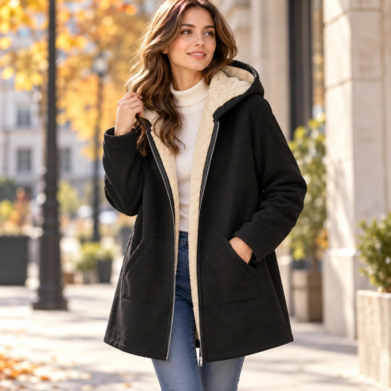 Hooded Loose Fit Coat Commuter Chic with Zipper Closure Medium Weight Wrinkle Finish Mid Length Long Sleeve Autumn for Women