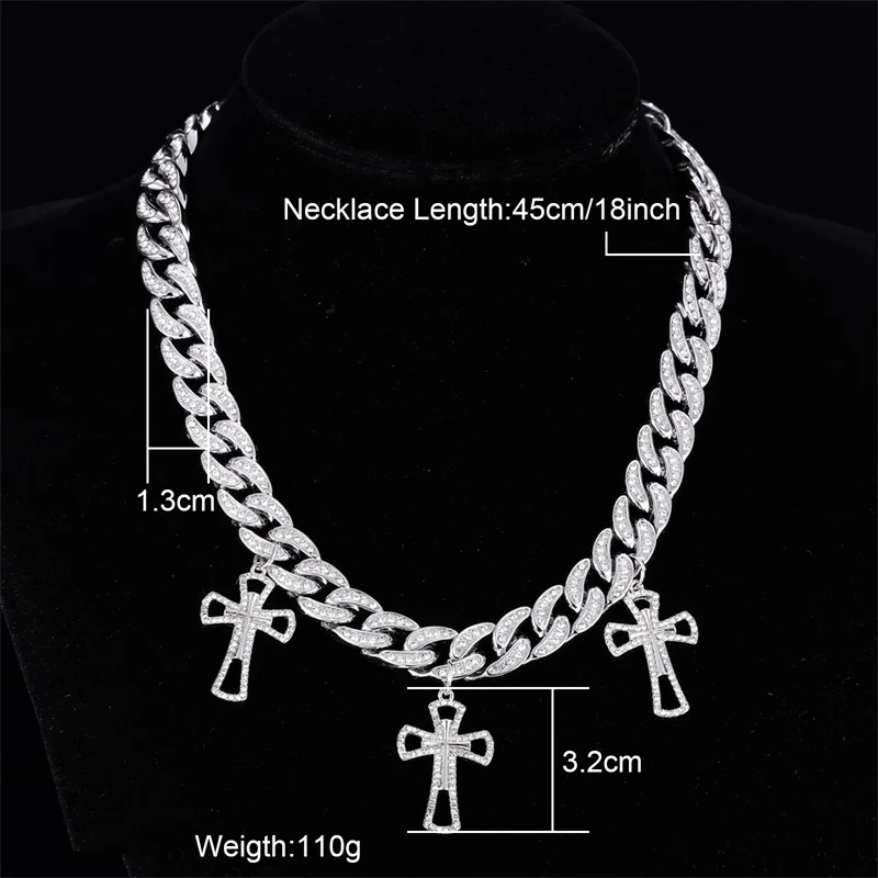 Hip Hop Bling 13MM Cross Pendant Miami Cuban Chain Necklace Iced Out Zircon Paved Necklaces For Men Women Jewelry