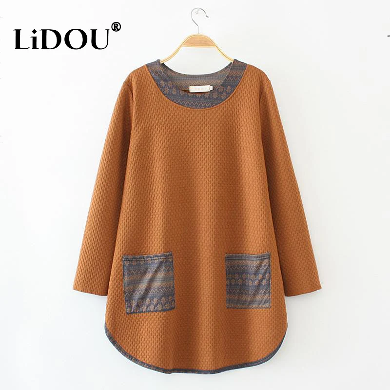 Autumn Winter Fashion Plus Size Vintage Loose T-shirt Women Long Sleeve Casual Ethnic Style Lady Tops All Match Female Clothes