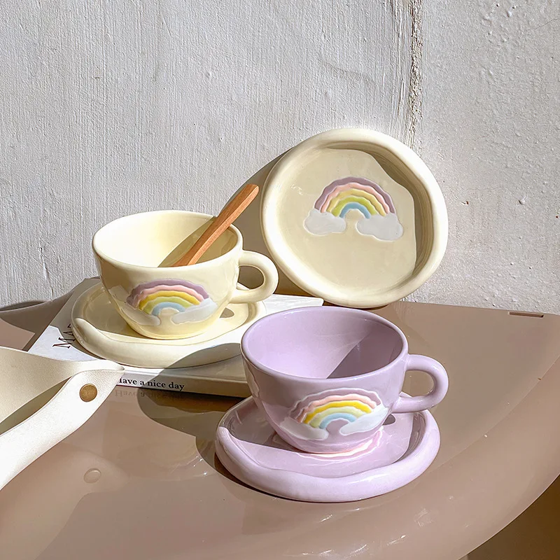 

Hand-painted rainbow hand-crafted ceramic coffee cup and saucer set