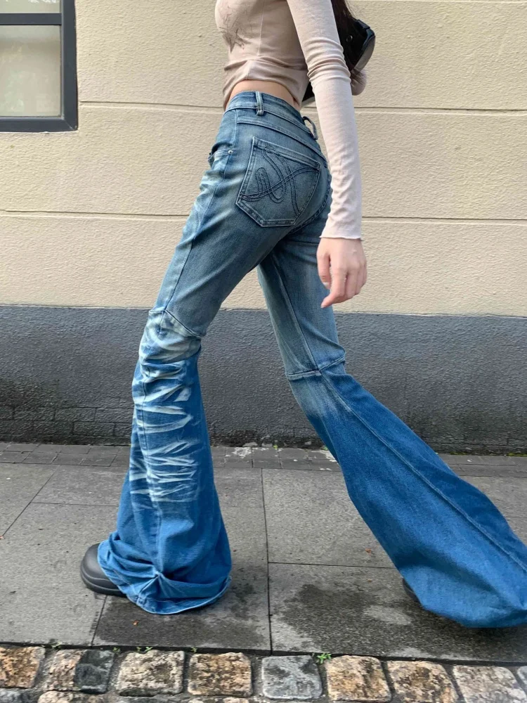 2025 American Retro Y2K Fashion Washed Blue Slim Women's Flared Jeans Pants Woman Clothing Punk Gothic Denim Trousers Ropa Mujer