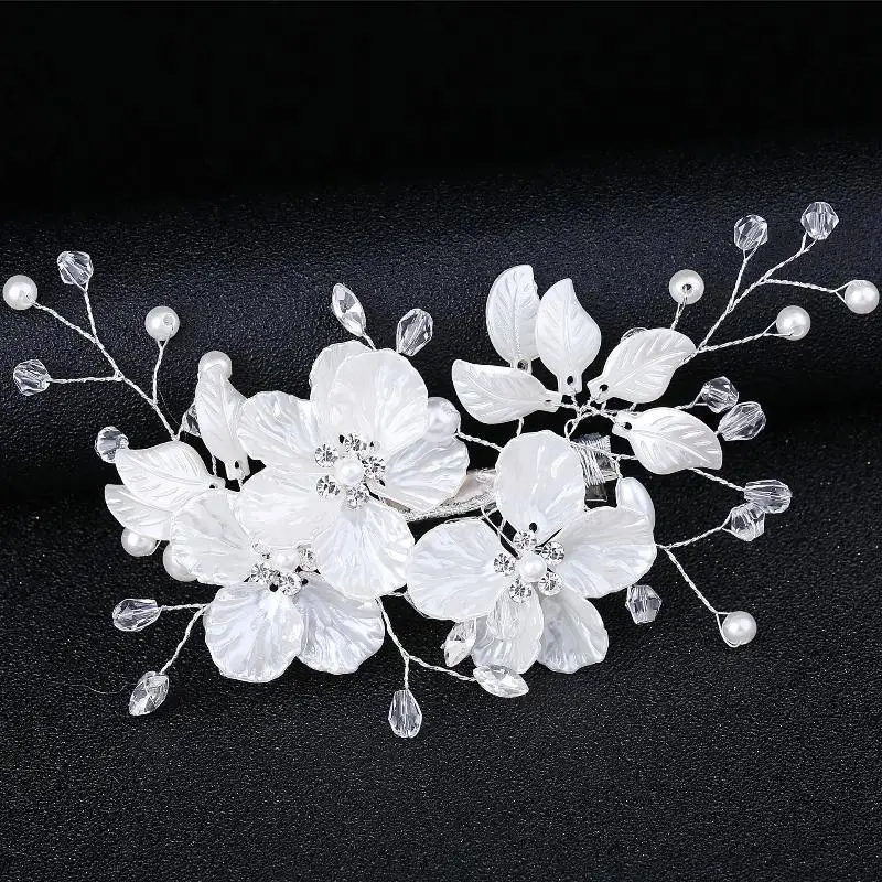 1 Stück Handgefertigter Weißer Braut-Kopfschmuck Neuer Kristall-Perlen-Blumen-Brautkopfschmuck Elegante Luxuriöse Hochzeits-Haarnadel für Frauen – Detail 6