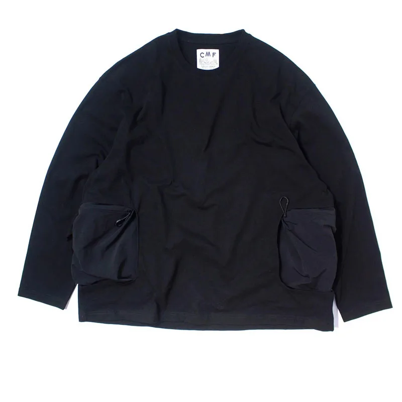 Japan Style CMF Men's and Women's Outdoor Spliced Long Sleeved T-shirt with Nylon Pocket Loose Cotton